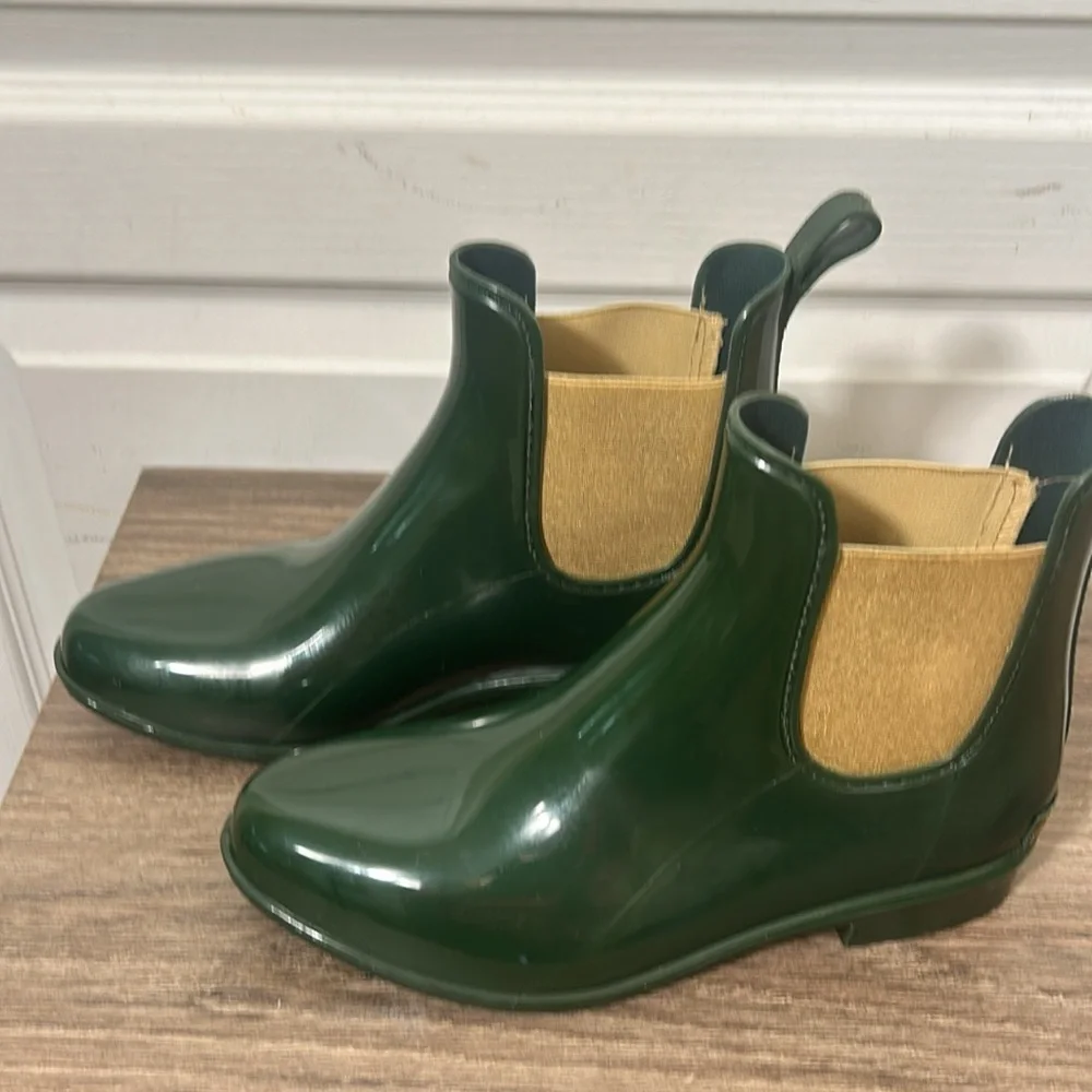 RALPH LAUREN ANKLE RUBBER RAIN BOOTS IN OLIVE GREEN AND GOLD ELASTIC SIZE 7 - Picture 2 of 6